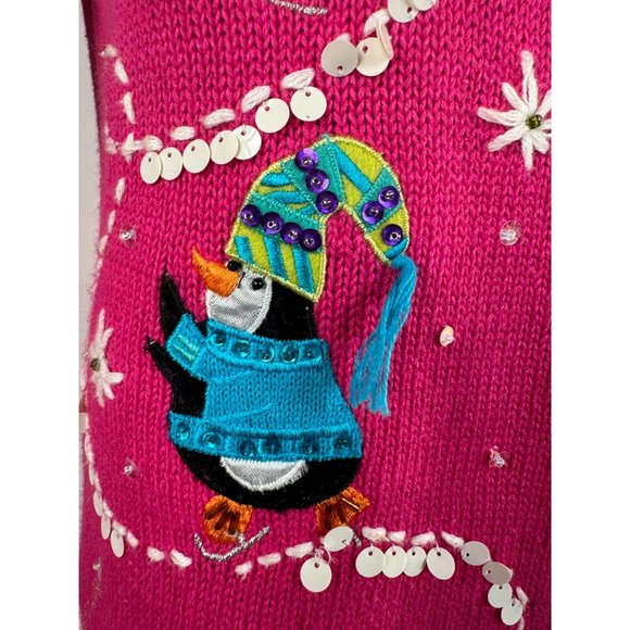 Heirloom Collectibles Petite Lg XMas Penguin Zip Cardigan Sweater Pink Cotton Bl - Picture 13 of 16